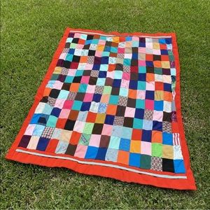 Vintage Handmade Square Crazy Patch Tied Quilt Blanket 47”x 63”